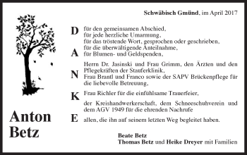 Traueranzeige von Anton Betz von Gmünder Tagespost