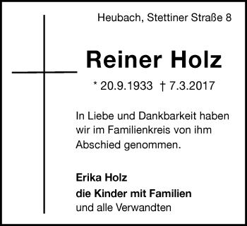 Traueranzeige von Reiner Holz von Gmünder Tagespost