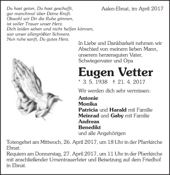 Traueranzeige von Eugen Vetter von Schwäbische Post