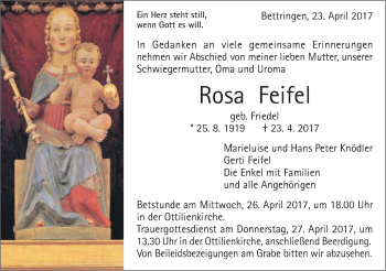 Traueranzeige von Rosa Feifel von Gmünder Tagespost
