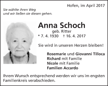 Traueranzeige von Anna Schoch von Schwäbische Post