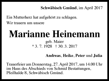 Traueranzeige von Marianne Heinemann von Gmünder Tagespost