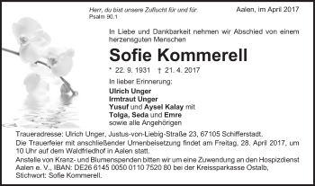 Traueranzeige von Sofie Kommerell von Schwäbische Post