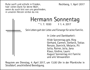 Traueranzeige von Hermann Sonnentag von Gmünder Tagespost