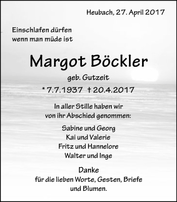 Traueranzeige von Margot Böckler von Gmünder Tagespost