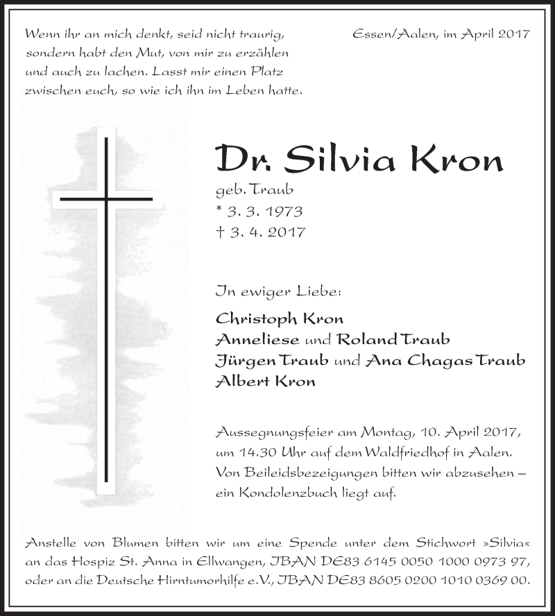  Traueranzeige für Silvia Kron vom 06.04.2017 aus Schwäbische Post