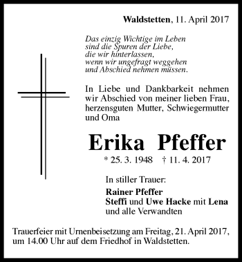 Traueranzeige von Erika Pfeffer von Gmünder Tagespost