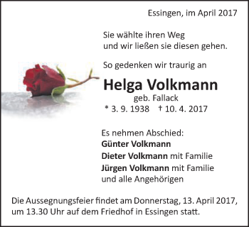 Traueranzeige von Helga Volkmann von Schwäbische Post