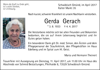 Traueranzeige von Gerda Gerach von Gmünder Tagespost