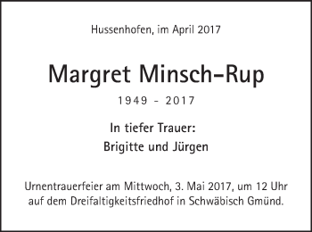 Traueranzeige von Margret Minsch-Rup von Gmünder Tagespost