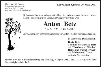 Traueranzeige von Anton Betz von Gmünder Tagespost