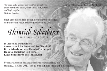 Traueranzeige von Heinrich Schacherer von Schwäbische Post
