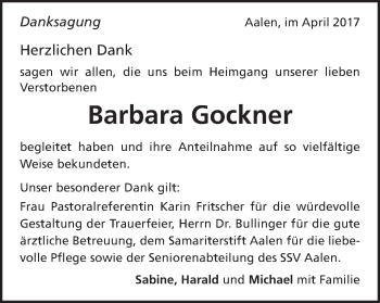 Traueranzeige von Barbara Gockner von Schwäbische Post
