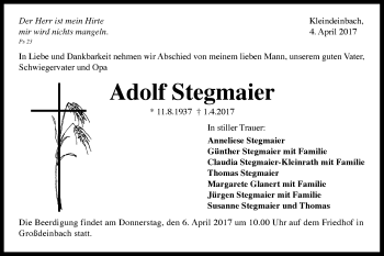 Traueranzeige von Adolf Stegmaier von Gmünder Tagespost