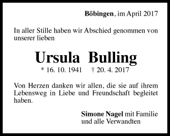 Traueranzeige von Ursula Bulling von Gmünder Tagespost