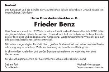 Traueranzeige von Frieder Benz von Gmünder Tagespost