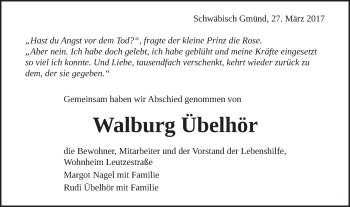 Traueranzeige von Walburg Übelhör von Gmünder Tagespost