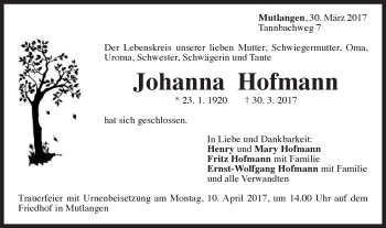 Traueranzeige von Johanna Hofmann von Gmünder Tagespost