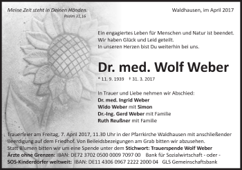 Traueranzeige von Wolf Weber von Schwäbische Post