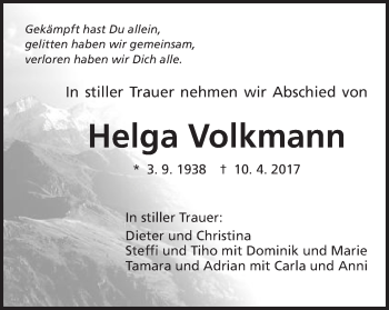 Traueranzeige von Helga Volkmann von Schwäbische Post