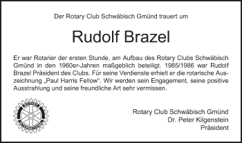 Traueranzeige von Rudolf Brazel von Gmünder Tagespost