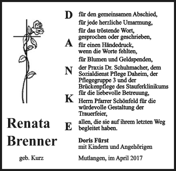 Traueranzeige von Renata Brenner von Gmünder Tagespost