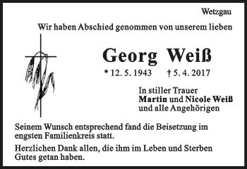 Traueranzeige von Georg Weiß von Gmünder Tagespost