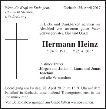 Traueranzeige von Hermann Heinz von Gmünder Tagespost