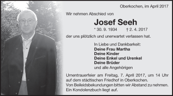 Traueranzeige von Josef Seeh von Schwäbische Post