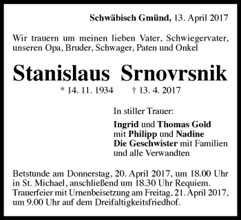 Traueranzeige von Stanislaus Srnovrsnik von Gmünder Tagespost