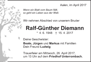 Traueranzeige von Ralf-Günther Diemann von Schwäbische Post