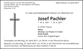 Traueranzeige von Josef Pachler von Schwäbische Post