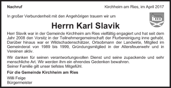 Traueranzeige von Karl Slavik von Schwäbische Post