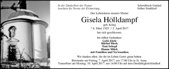 Traueranzeige von Gisela Hölldampf von Gmünder Tagespost