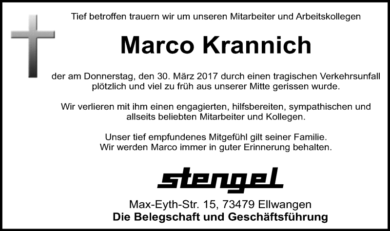  Traueranzeige für Marco Krannich vom 04.04.2017 aus Schwäbische Post