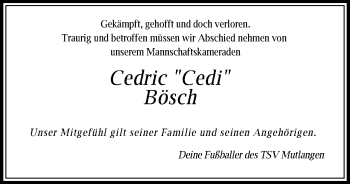 Traueranzeige von Cedric Bösch von Gmünder Tagespost
