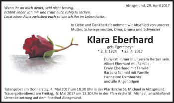 Traueranzeige von Klara Eberhard von Schwäbische Post