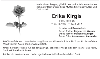 Traueranzeige von Erika Kirgis von Schwäbische Post