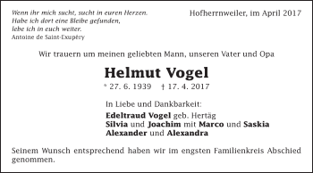 Traueranzeige von Helmut Vogel von Schwäbische Post