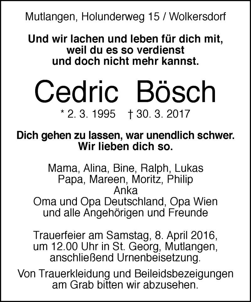  Traueranzeige für Cedric Bösch vom 04.04.2017 aus Gmünder Tagespost