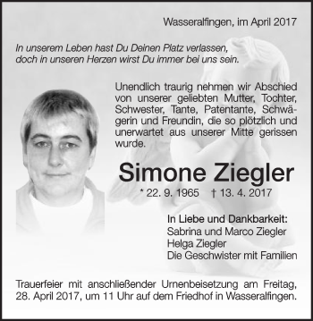 Traueranzeige von Simone Ziegler von Schwäbische Post