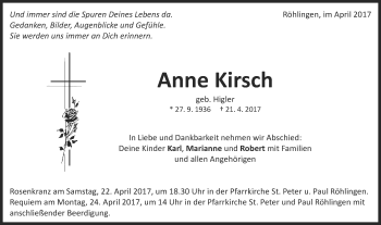 Traueranzeige von Anne Kirsch von Schwäbische Post