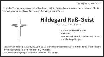 Traueranzeige von Hildegard Ruß-Geist von Schwäbische Post