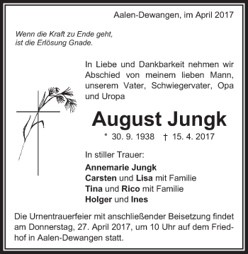 Traueranzeige von August Jungk von Schwäbische Post