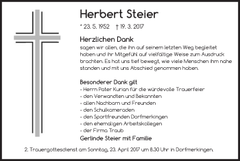 Traueranzeige von Herbert Steier von Schwäbische Post