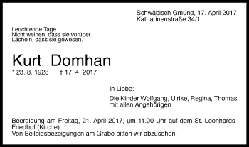 Traueranzeige von Kurt Domhan von Gmünder Tagespost