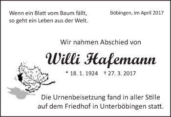 Traueranzeige von Willi Hafemann von Schwäbische Post