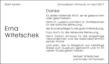 Traueranzeige von Erna Witetschek von Gmünder Tagespost