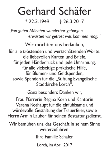 Traueranzeige von Gerhard Schäfer von Gmünder Tagespost