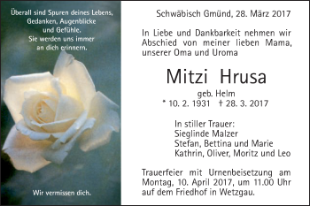 Traueranzeige von Mitzi Hrusa von Gmünder Tagespost